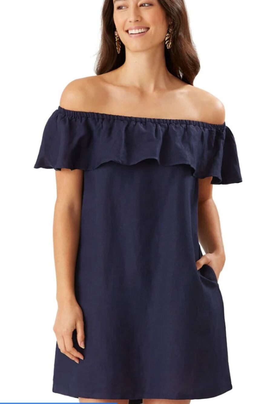 TOMMY BAHAMA Navy Linen-blend Off-the-Shoulder Mini Dress Medium Resort Coverup
